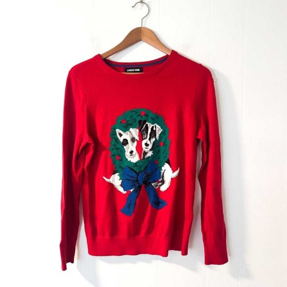Lands' End Christmas Holiday Dog Wreath Red Sweater Pet Lovers | Knit Festive S - Picture 3 of 10